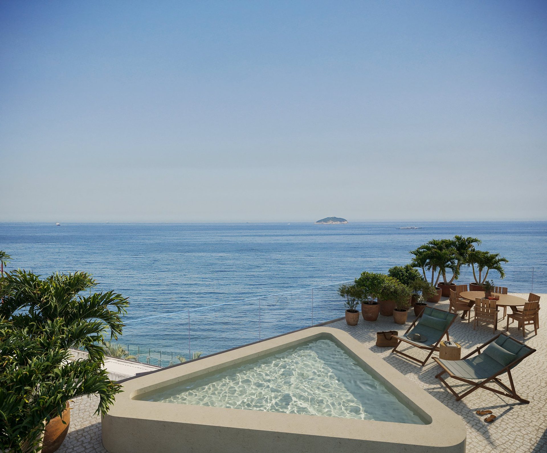 Terraço da cobertura do VIE com piscina e vista panorâmica para o mar