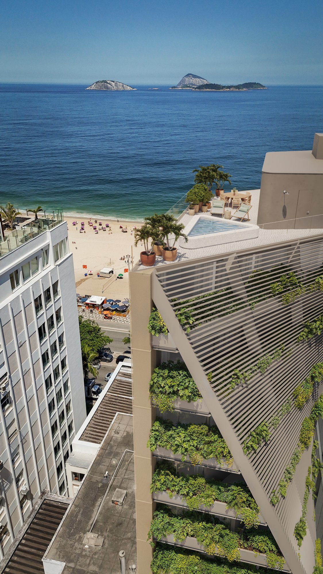 Fachada do VIE com vista para a praia e o mar de Ipanema