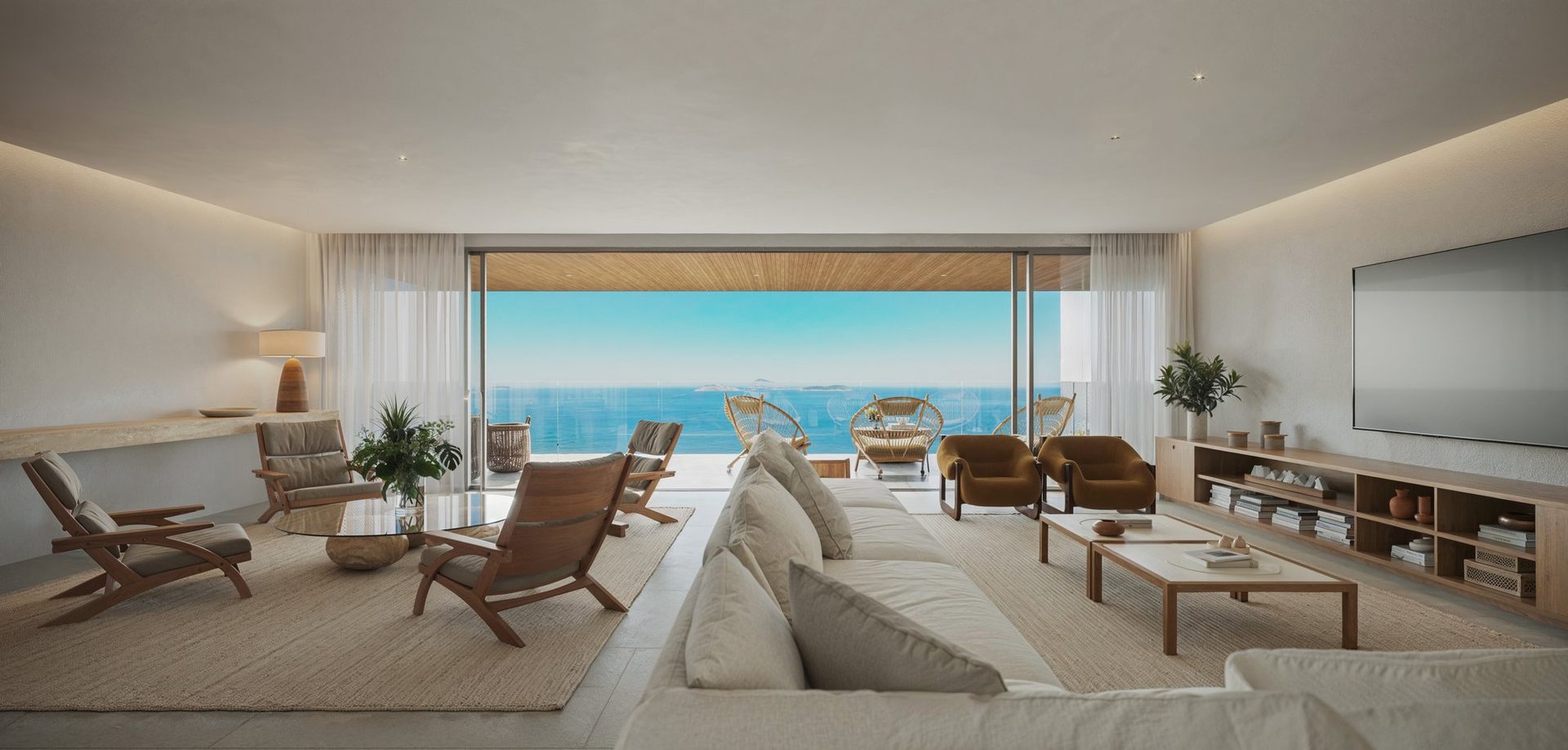 Sala de estar de apartamento do VIE com vista para o mar
